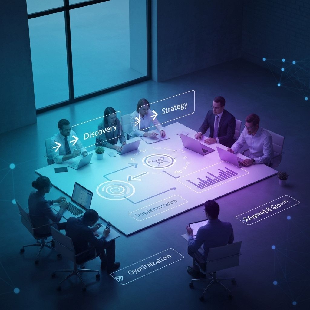 Multi-disciplinary Sky Nexus team collaborating around holographic process flow diagrams showing Discovery, Strategy, Implementation, Optimization, and Support phases