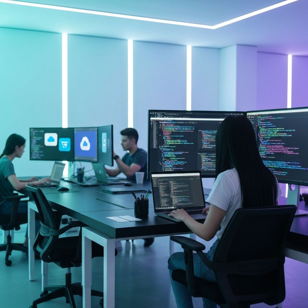 Software Development Studio - Engineers Collaborating with Holographic Architecture Diagrams