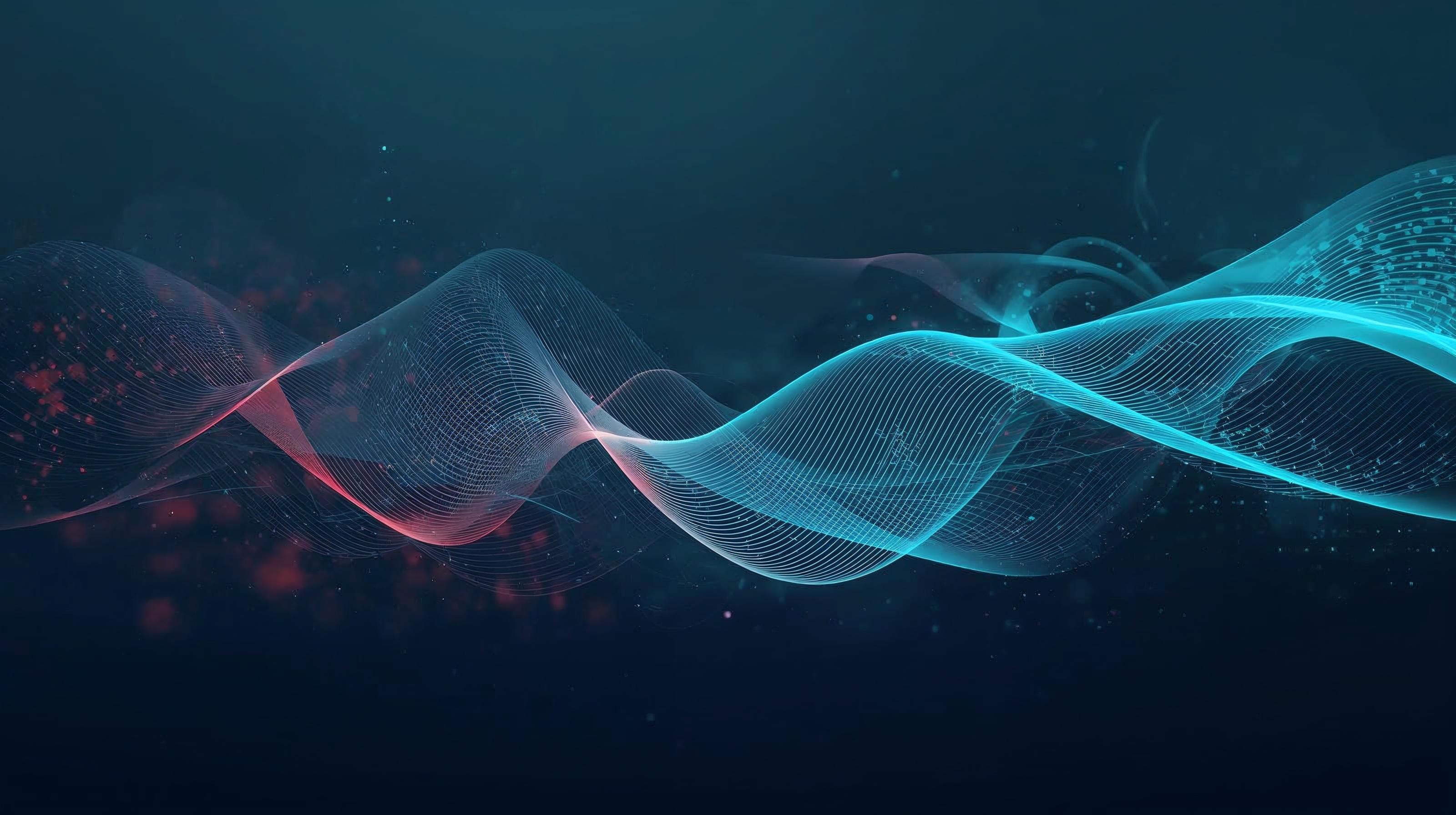 Abstract flowing waves in teal and magenta representing Sky Nexus's innovative technology solutions